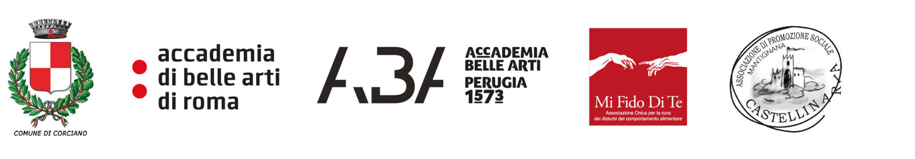 ABARoma: logo del comune di corciano, logo dell'Accademia di Belle Arti di Roma, logo dell'accademia di Belle Arti di Perugia, logo di Mi Fido Di Te, logo di Associazione di Promozione Sociale Castellinaria