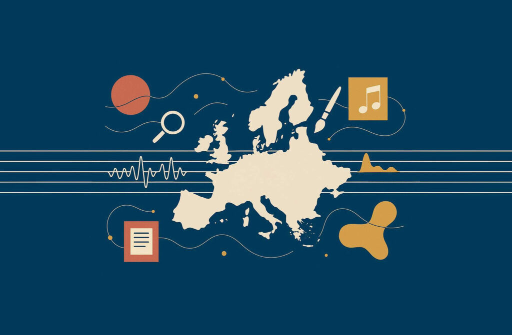L'immagine rappresenta un'illustrazione concettuale con mappa dell’Europa e icone artistiche e musicali
